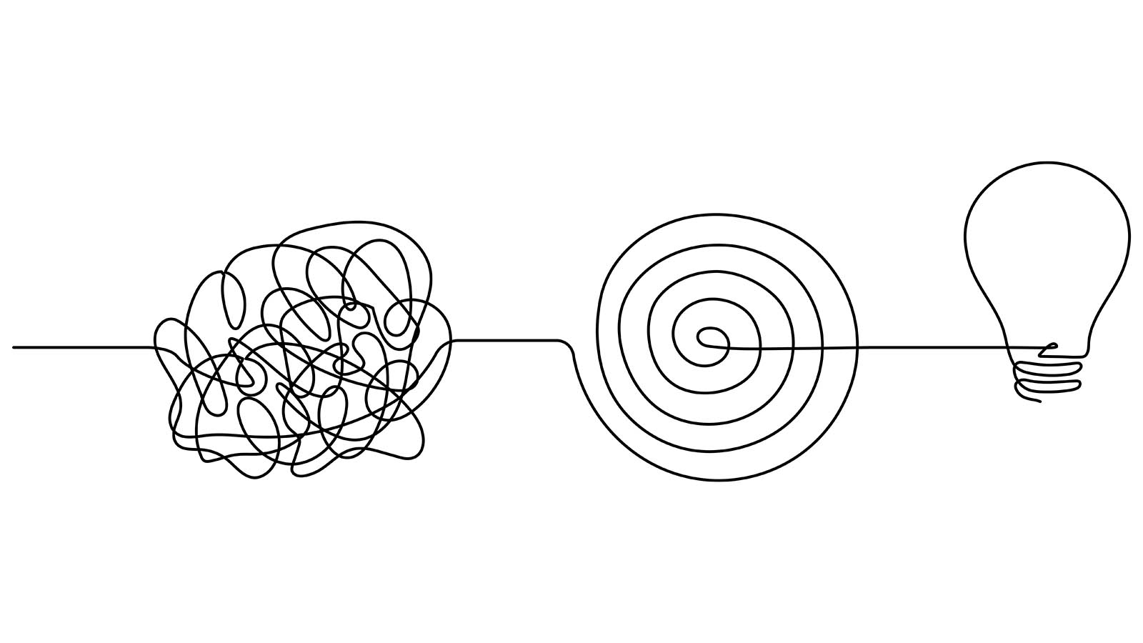Chaotic and mess lines with lightbulb continuous one line drawn. Illustration showing messy ideas becoming clear and focused