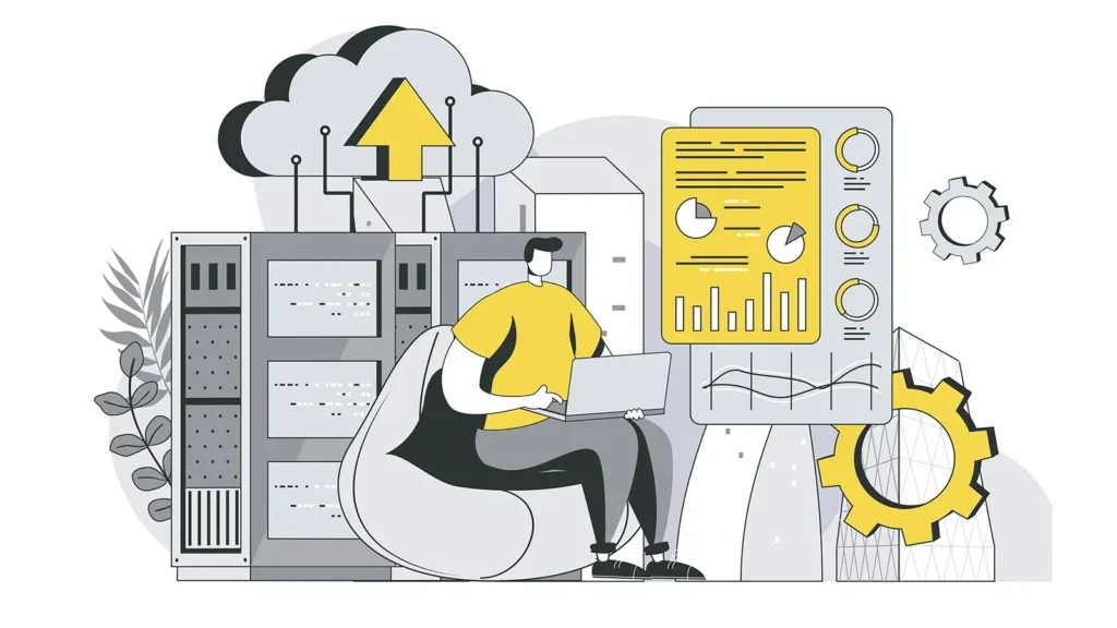 Illustration showing website hosting infrastructure and performance analysis