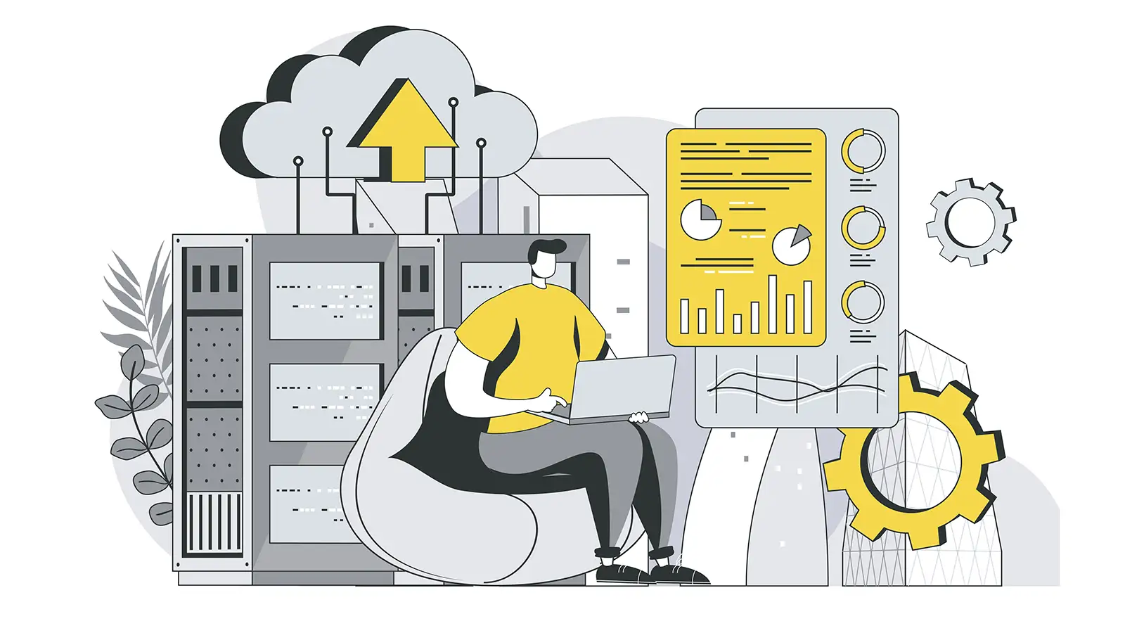 Illustration showing website hosting infrastructure and performance analysis