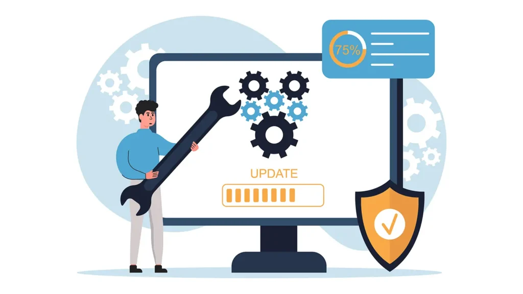 Illustration showing WordPress website maintenance with updates and security protection